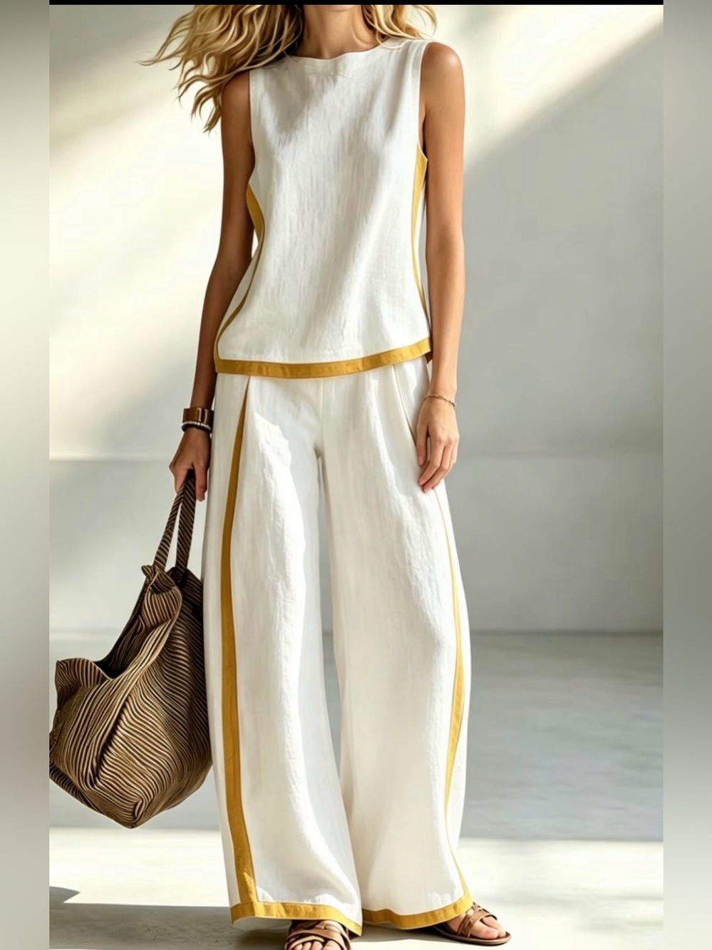 White & Mustard Linen-Trim Wide Leg two piece set - Picture 3 of 3